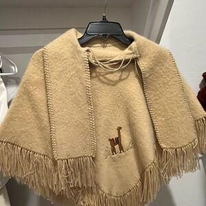 Camel Embroidered Fringe Poncho